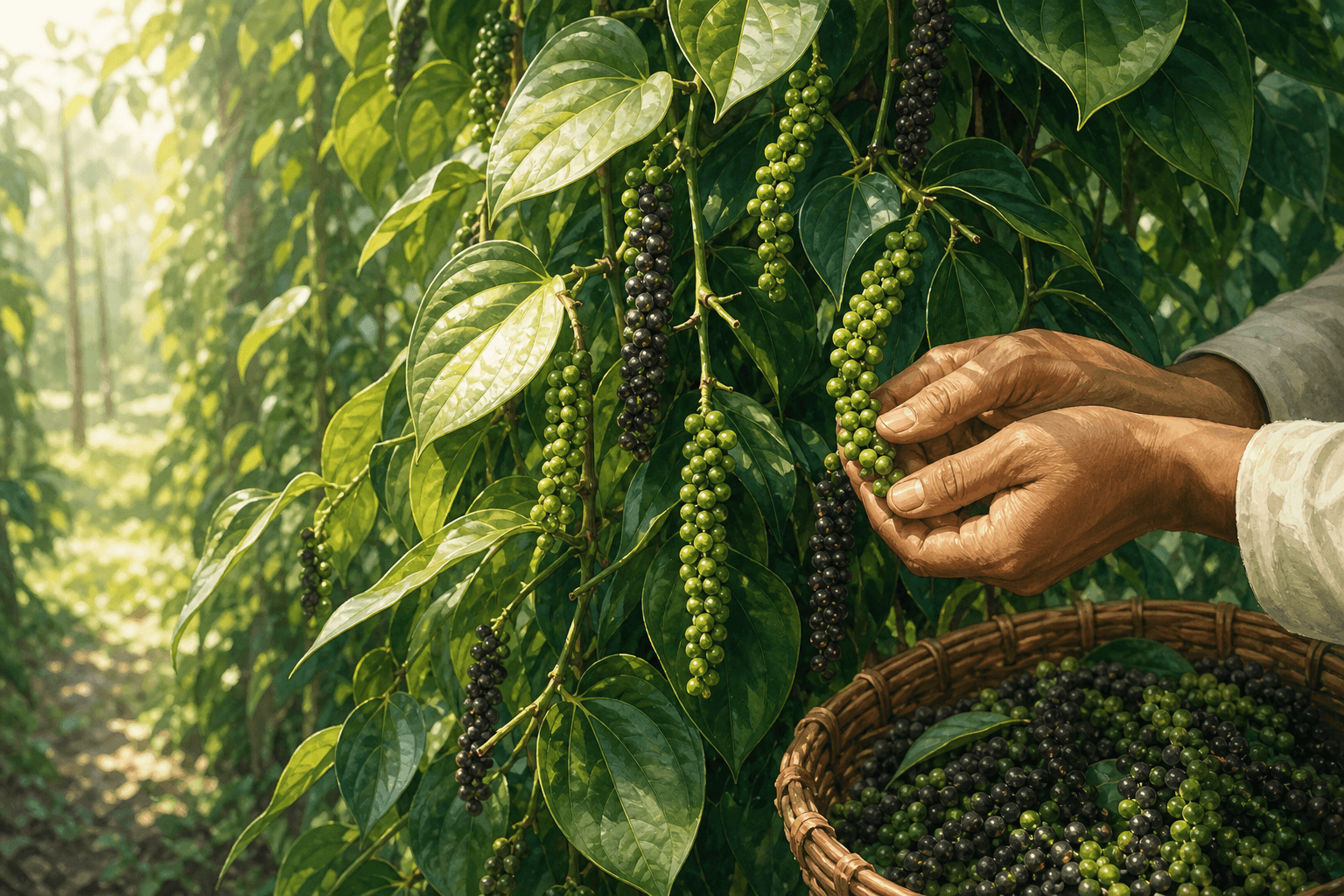 Illustration of black pepper being carefully harvested from vines